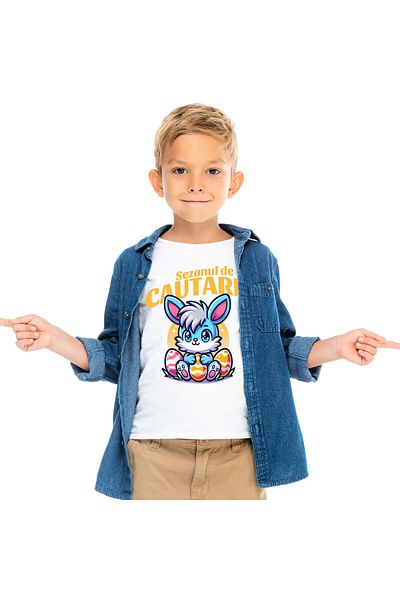 StoryGift Romania Tricou Copii cu Iepure Albastru Cu Freza Si Oua Colorate De Paste, Distractie, C,White_8ANI