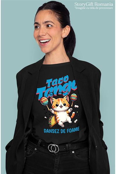 StoryGift Romania Women's T-Shirt with Orange Cat with Tacos Mexican Dance Animal Lovers with ,Black_S