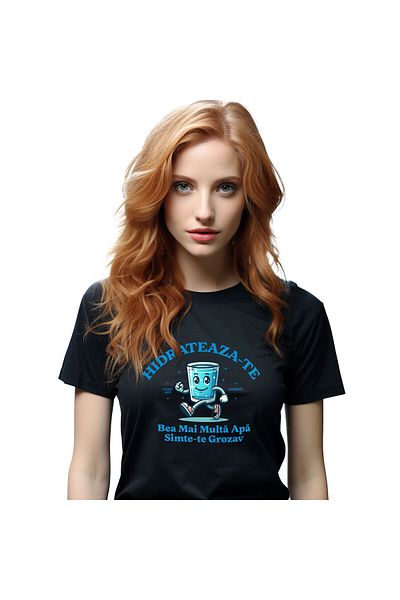 StoryGift Romania Tricou Femei cu Pahar De Apa Cistalina Mergator Vesel, Animatie, Hidratare, Sana,Black_S