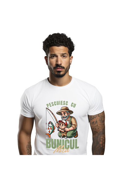 StoryGift Romania Tricou Barbati cu Batran Si Nepot La Pescuit, Familie, Undi...