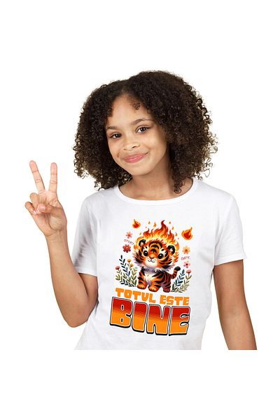 StoryGift Romania Children's T-shirt with Tiger Cub Animated in Flames in Nature Colorful Flowers Cartoons,White_4ANI