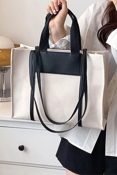 Madamra Black-Cream Women's Leather Detailed Canvas Tote Bag