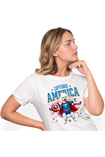 StoryGift Romania Women's T-Shirt with Poodle / Poodle Cat in Captain America Costume with Cape, ,White_M