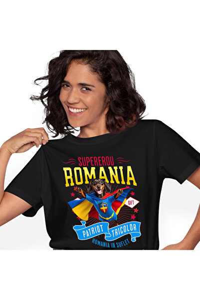 StoryGift Romania Tricou Femei cu Teckel / Dachshund Caine In Costum de Capitan Romania cu Pelerin,Black_S