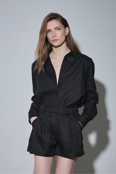 Suud Collection Black 100% Linen Nora Pleated Trousers