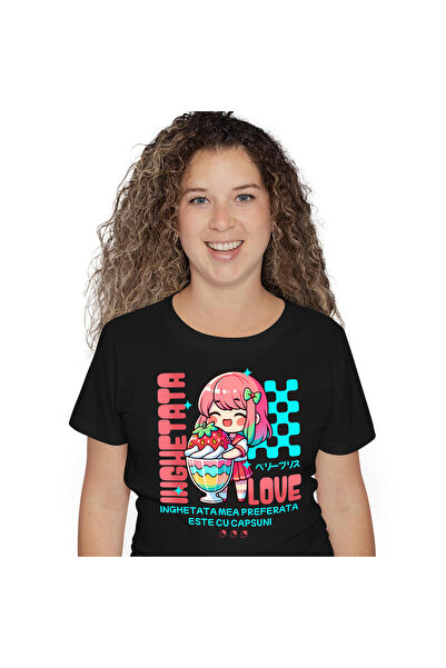 StoryGift Romania Tricou Femei cu Fata Stil Anime Cu Pahar imens De Milkshake Si Capsuna Inghetata,Black_XL