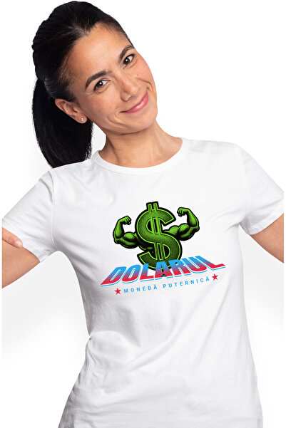 StoryGift Romania Tricou Femei simbol dolar cu brate puternice investitie sigura cu imprimeu pe Fa WHT_M