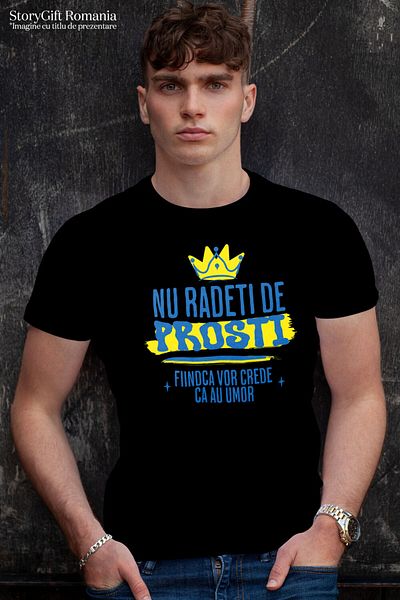 StoryGift Romania Tricou Barbati cu Coroana Regala Galbena Gluma, Prostire, Umor, Sarcasm cu impri,Black_XS