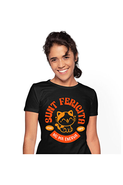 StoryGift Romania Tricou Femei cu Pisica Vesela Portocalie Fericita Motani, I...