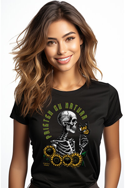 StoryGift Romania Tricou Femei prieten cu natura schelete si fluture flori cu imprimeu pe Fata, 1 BLK_L