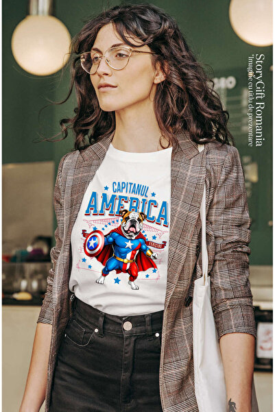 StoryGift Romania Women's T-Shirt with Bulldog Dog in Captain America Costume with Cape, Hero of the Night, White_XL