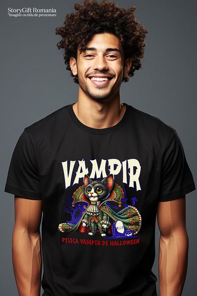 StoryGift Romania Tricou Barbati cu Pisica Regina Vampir Cu Colti ascutiti, Vampir De Hallowen, Ba,Black_XL