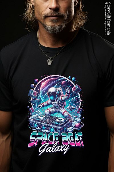 StoryGift Romania Tricou Barbati cu Astronaut In Spatiu Petrecere Muzica Dj, Distractie, Univers I,Black_XS