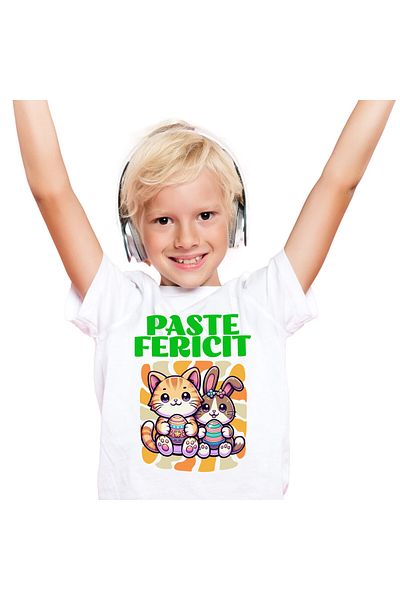 StoryGift Romania Children's T-shirt with Orange Cat and Rabbit with Colored Eggs Easter Holidays Cop,White_10ANI