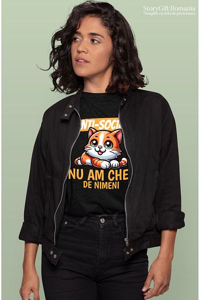 StoryGift Romania Women's T-Shirt with Cheerful Orange Cat Green Eyes Fluffy Animals, Cats with, Black_XL