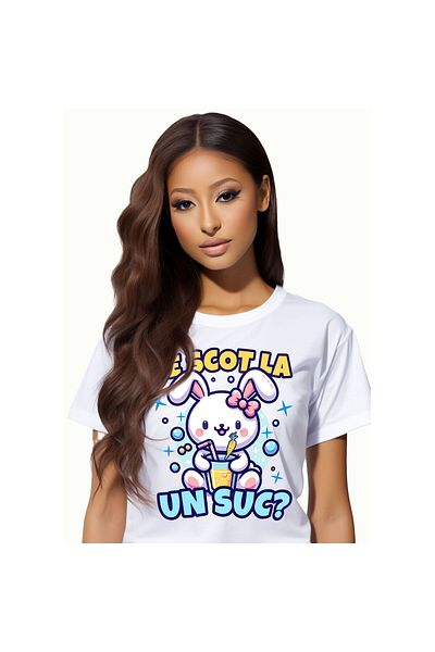 StoryGift Romania Tricou Femei cu Iepure Alb Cu Funda Roz Suc De Fructe, Animal Pufos, Paste cu im,White_L