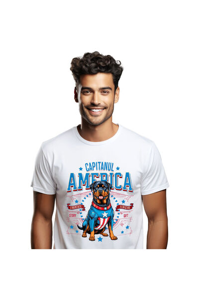 StoryGift Romania Men's T-Shirt with Rottweiler Dog in Captain America Costume with Cape, Hero, White_M