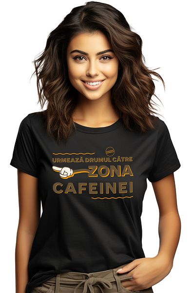StoryGift Romania Tricou Femei Urmeaza drumul catre zona cafeinei cafea enrgie cu imprimeu pe Fata BLK_XL