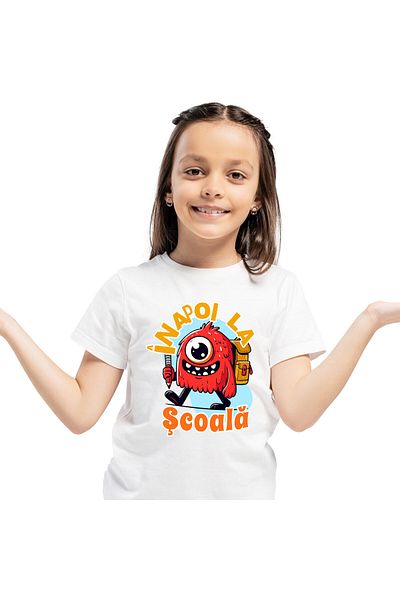 StoryGift Romania Kids T-Shirt with One-Eyed Monster with Backpack and Pencil Ready for School, Vacation, ,White_12ANI