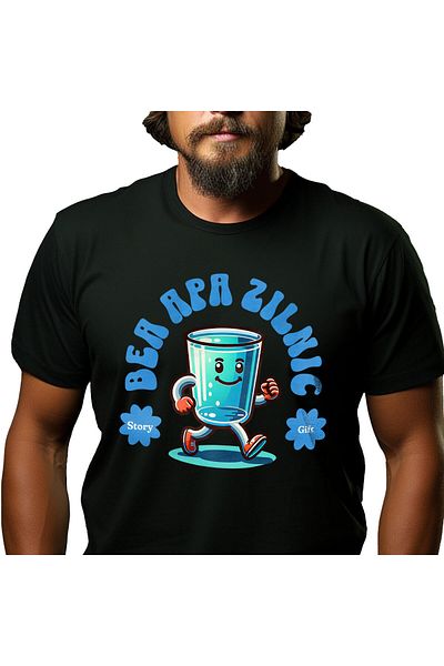 StoryGift Romania Tricou Barbati cu Pahar De apa In Mers Zambitor Gata De Aventura Hidratare, Apa ,Black_S