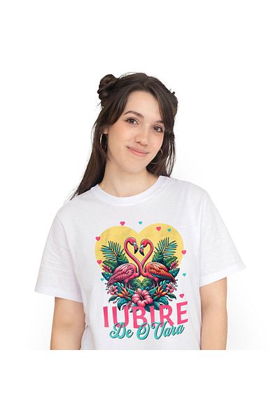 StoryGift Romania Tricou Femei cu Pasari Flamingo Dragoste inima Romantica Iubire De O Vara, Valen,White_L