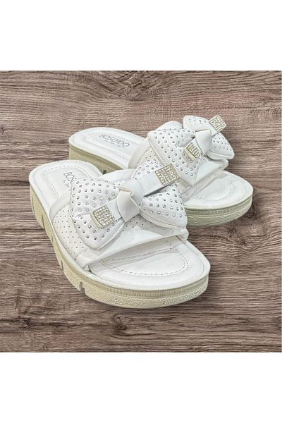 Daye Women's White Beige Orthopedic Sole Stone Bow Light Sole Slippers
