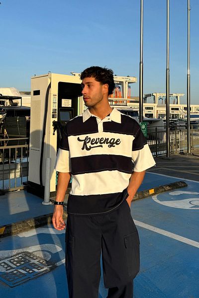 Flaw Wear Revenge Printed Navy Blue Polo Neck T-Shirt