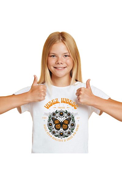 StoryGift Romania Tricou Copii cu Flori Colorate Fluture Galben, Natura, Liniste cu imprimeu pe Fa,White_4ANI