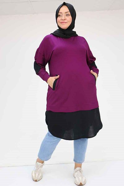 Eslina 58060 Large Size Solid Color Garnished Combed Cotton Tunic - Plum-Black