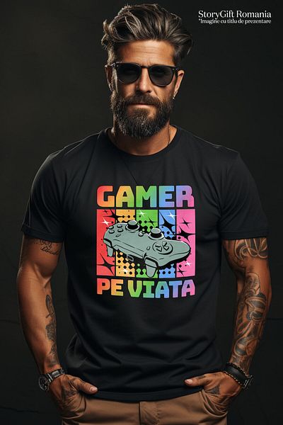 StoryGift Romania Men's T-Shirt with Multicolor Video Game Controller Gamer, Digital World with Print, Black_M