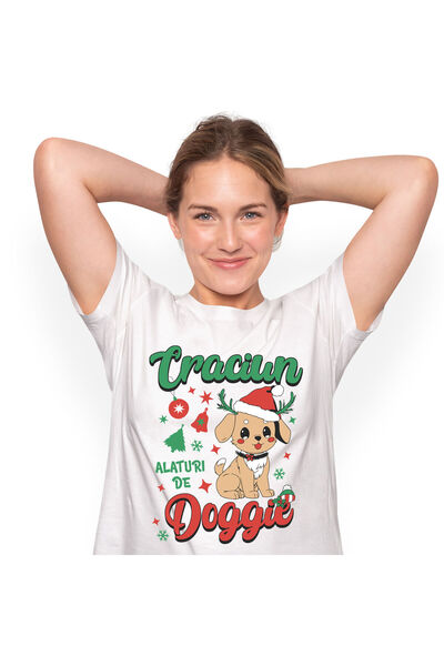 StoryGift Romania Tricou Femei cu Caine cu Caciula De Craciun, Doggie, Sarbat...