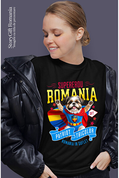 StoryGift Romania Women's T-Shirt with Shih Tzu Dog in Captain Romania Costume with Cape, Hero No, Black_M