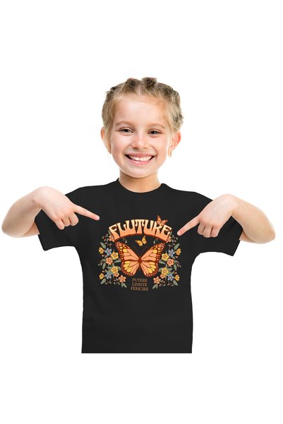 StoryGift Romania Tricou Copii cu Fluture Colorat Portocaliu Flori Multicolor...