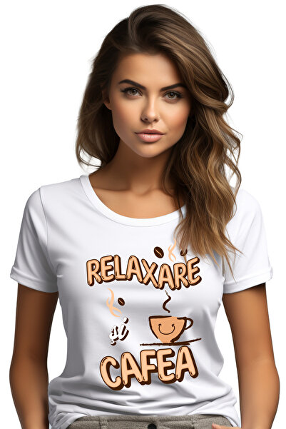 StoryGift Romania Tricou Femei Relaxare si cafea fara oprire ceasca calda energie cu imprimeu pe F WHT_S
