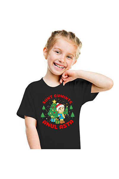 StoryGift Romania Tricou Copii cu Copil Cuminte Langa Brad Impodobit, Cadouri Colorate, Sarbatori,,Black_10ANI