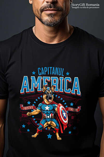 StoryGift Romania Men's T-shirt with German Shepherd Dog in Captain Costume, Black_XS