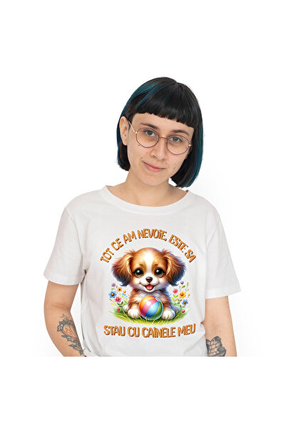 StoryGift Romania Tricou Femei cu Caine Pui Vesel Pufos Pe Iarba Cu Minge Colorate, Natura cu impr,White_XL