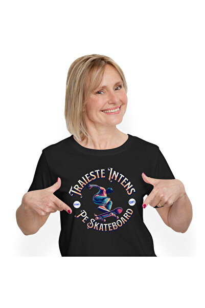 StoryGift Romania Tricou Femei cu Silueta Umana Barbat Pe Placa De Skateboard Traieste Intens Hobb,Black_XL