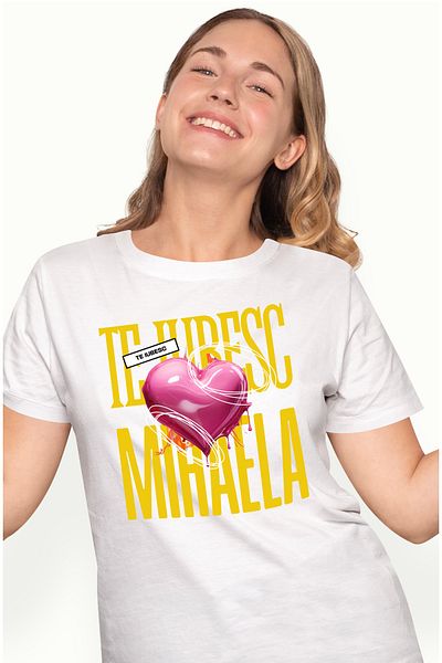 StoryGift Romania Tricou Femei Te Iubesc Mihaela, Dragoste, Inima, Iubire, Sfantul Valentin, Drago WHT_L