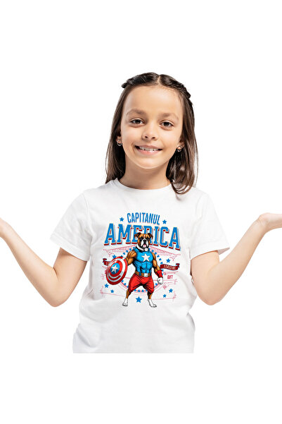 StoryGift Romania Kids T-shirt with Boxer Dog in Captain America Costume with Cape, Hero Noctu, White_6 YEARS