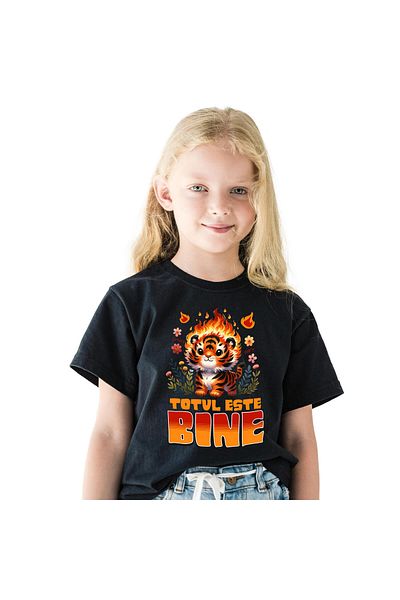StoryGift Romania Children's T-shirt with Tiger Cub Animated in Flames in Nature Colorful Flowers Cartoons,Black_8ANI