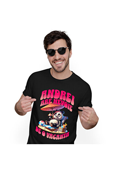 StoryGift Romania Tricou Barbati cu Urs Panda Pufos La Plaja Pe Sezlong, Rela...