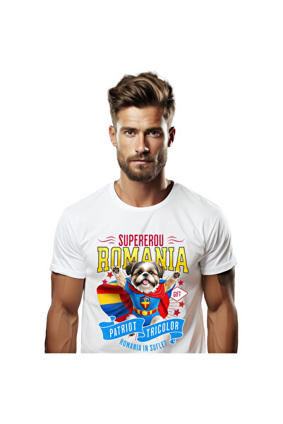 StoryGift Romania Tricou Barbati cu Shih Tzu Caine In Costum de Capitan Roman...