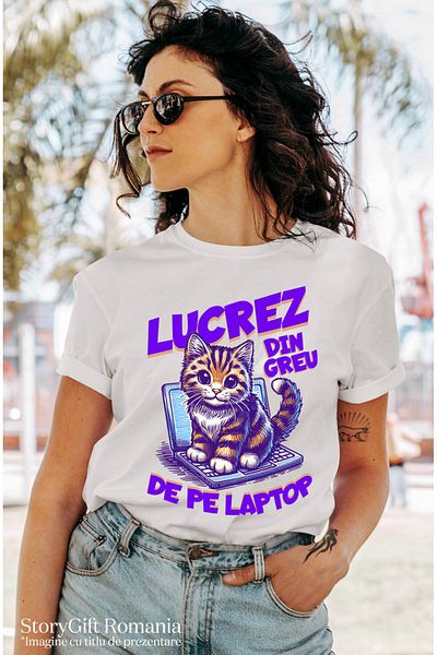 StoryGift Romania Tricou Femei cu Pisica Vesela Pui Pe Laptop Animal blanos Work From Home cu impr,White_S