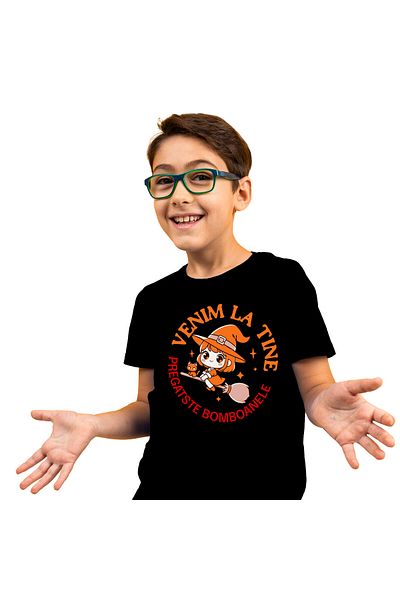StoryGift Romania Tricou Copii cu Vrajitoare Pe Matura Cu Pisica Si Palarie ,Bomboane Hallowen cu ,Black_12ANI
