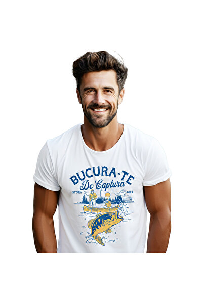 StoryGift Romania Tricou Barbati cu Silueta barbati In Barca Pescuit Undita P...