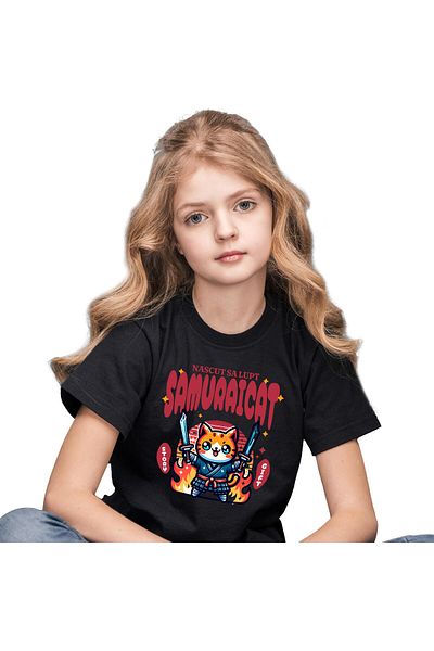 StoryGift Romania Kids T-shirt with Orange Cat with Samurai Costume Ninja Swords, Cartoons,,Black_12 YEARS