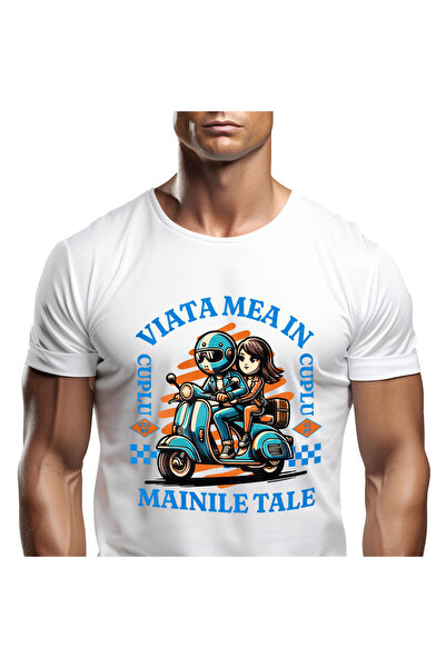 StoryGift Romania Tricou Barbati cu Cuplu Romantic Pe Scuter Albastru Picnic ...