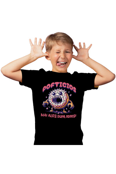 StoryGift Romania Tricou Copii cu Gogoasa Glazurata Roz Furioasa Cu Colti Pof...