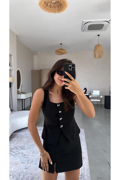 Buket Teke Black Bow Buttoned Fabric Vest